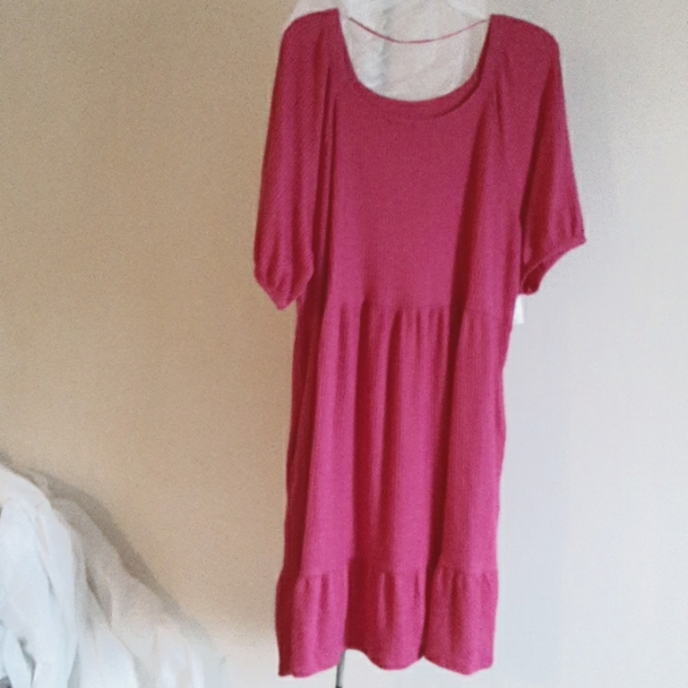 Terra Sky Hot Pink Ribbed Peasant Dress